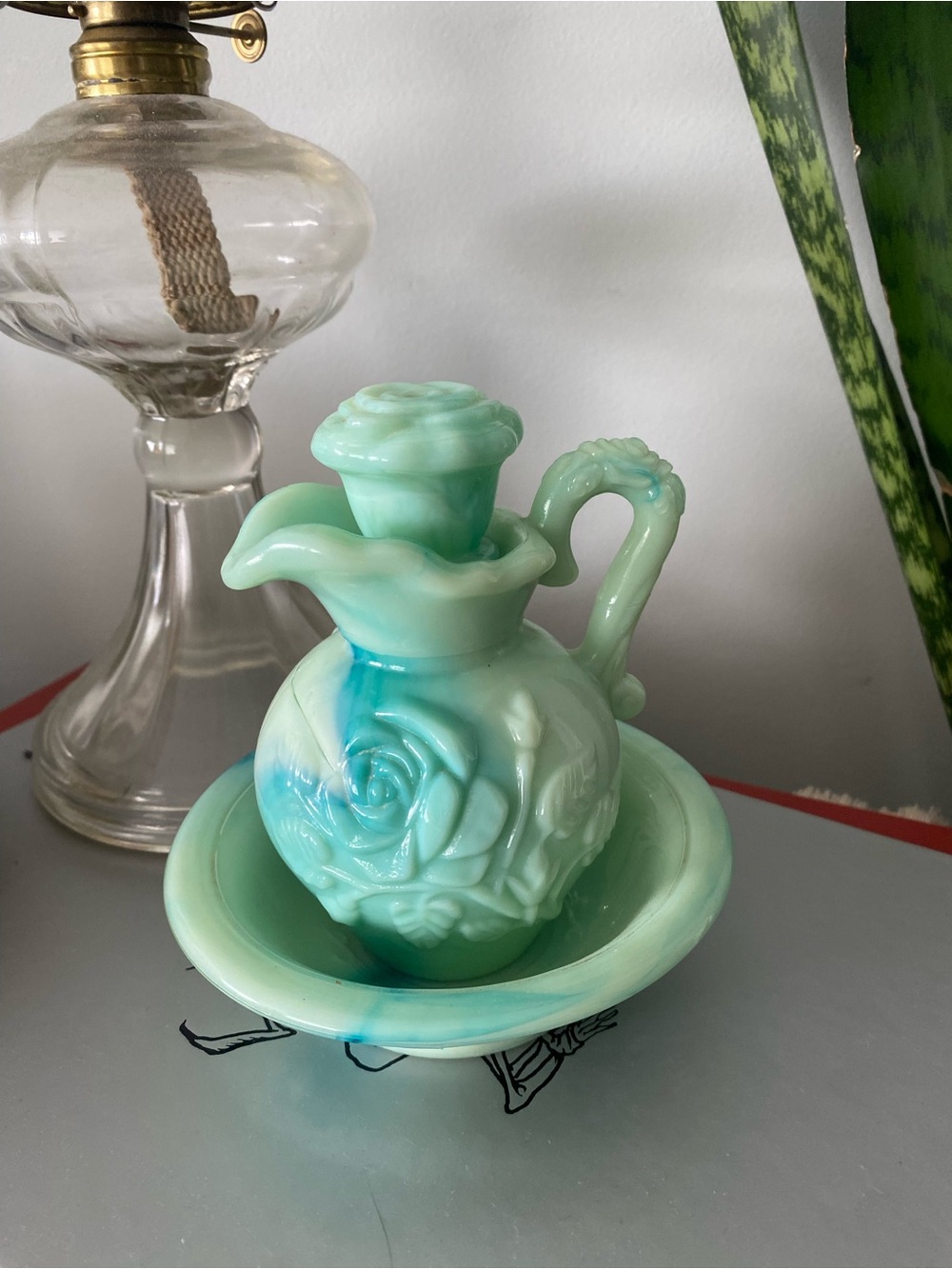 Vintage Avon Green Slag Glass Rose-Embossed Pitcher and Bowl Decorative Set